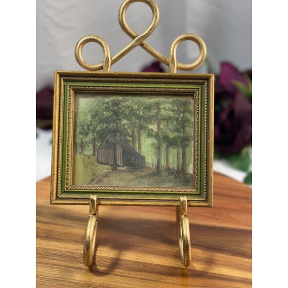 Vintage Glass Painting of a Cabin in the Woods – Signed & Inscribed - Picture 1 of 9